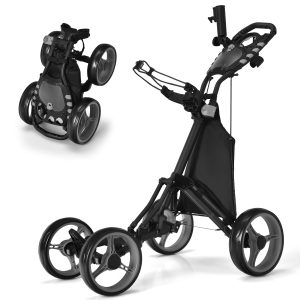 Gymax 4 Wheels Foldable Golf Push Pull Cart Trolley w/ Brake Waterproof Bag Grey